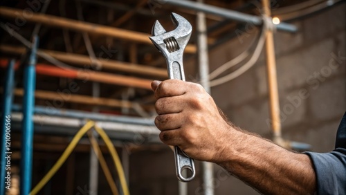 A repairmans hand closely gripping a wrench with a backdrop of hastily installed scaffolding and exposed wires conveying a sense of urgency and the handson nature of emergency photo