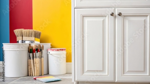A vibrant medium closeup of a freshly painted wall that provides contrast against the stark white of newly assembled bathroom cabinets with brushes and paint tins in the background