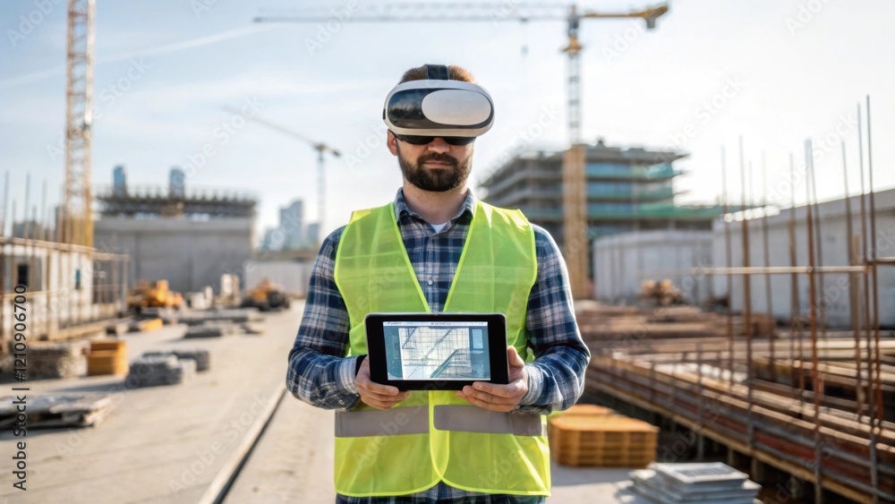 A worker standing on a job site holding a tablet displaying realtime data while wearing a VR headset seamlessly merging digital planning with the physical environment around them.