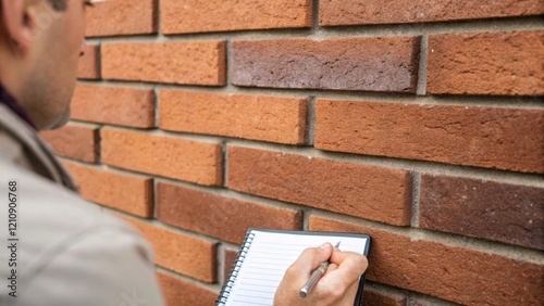 Closeup of a brick wall with an inspector pointing at a mortar joint scrutinizing the consistency of the mortar mix and noting any irregularities in the craftsmanship.