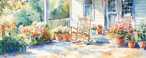 Watercolor painting a sun-faded porch with old rocking chairs and overflowing flower pots.