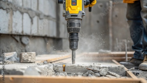 Closeup of a handheld jackhammer in action bits of concrete flying as workers carefully dismantle the remnants of a foundation sweat glistening on their brows.