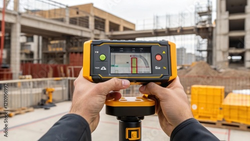 Closeup of an AR visualizing tool held in a workers hands featuring touchsensitive controls that allow them to manipulate and rotate a 3D model of a new construction phase photo