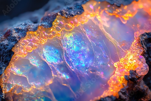 Close-up of an opal's play of color, rainbow fire patterns, precious silica structure, natural lighting photo