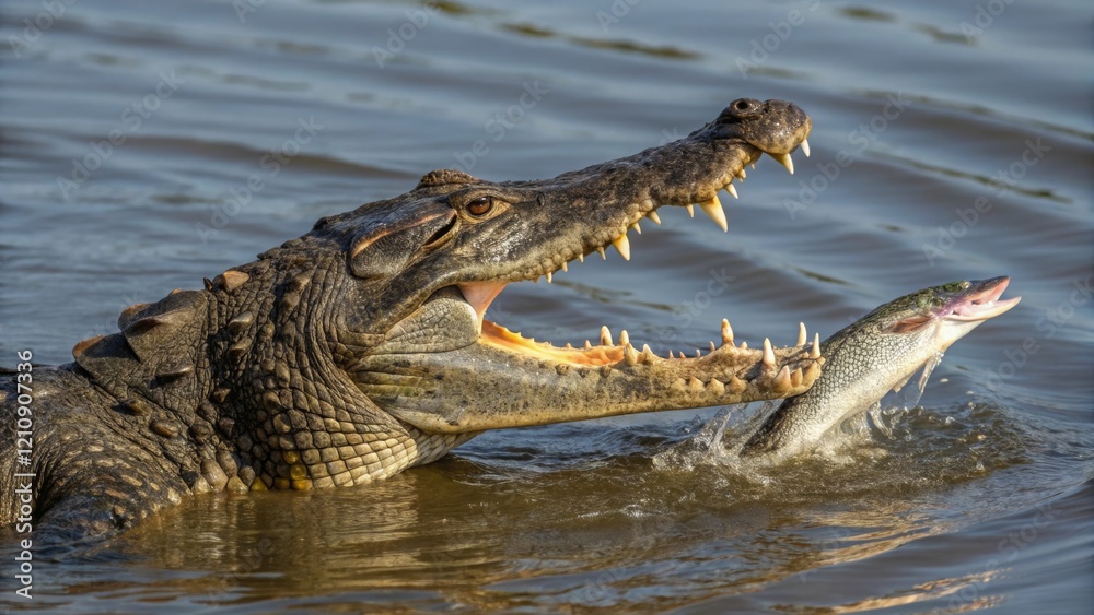 Obraz premium Crocodile hunts and eats fish in freshwater habitat wildlife documentary perspective