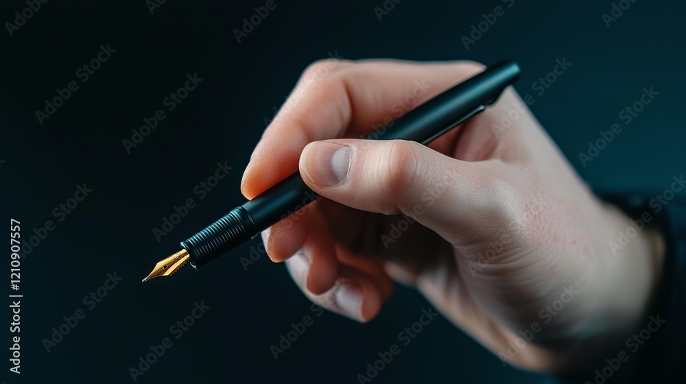 A close-up of a person's hand holding a black fountain pen against a dark background. A close-up of a person's hand holding a black fountain pen against a dark background.