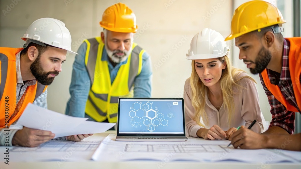 Collaborative Construction Teams A medium closeup of diverse construction team members gathered around a table reviewing blueprints and a blockchain application on a laptop Collaborative Construction Teams A medium closeup of diverse construction team members gathered around a table reviewing blueprints and a blockchain application on a laptop