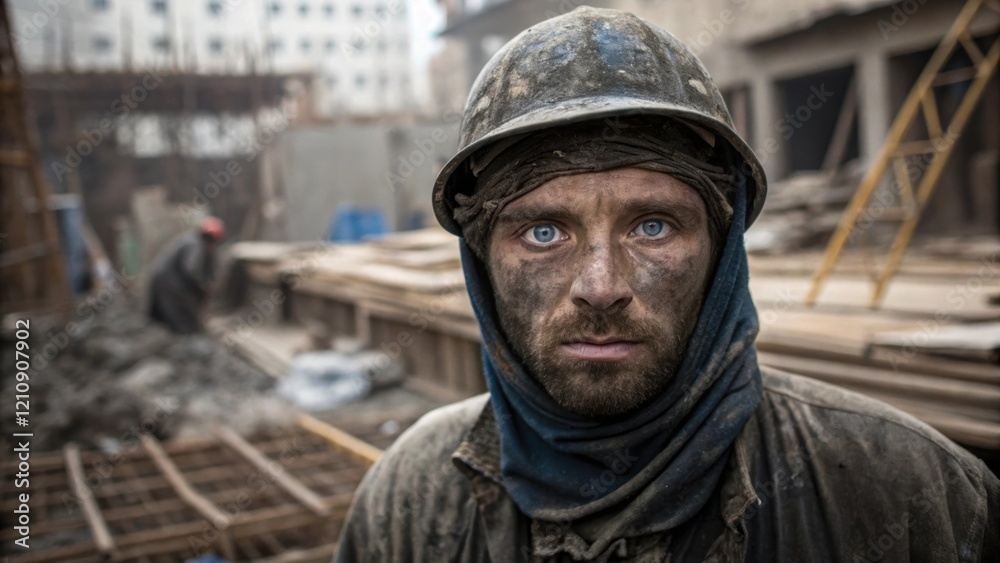 Intense blue eyes peer through the grime on the workers face capturing a moment of concentration as he stands amidst chaotic construction activity embodying resilience and Intense blue eyes peer through the grime on the workers face capturing a moment of concentration as he stands amidst chaotic construction activity embodying resilience and