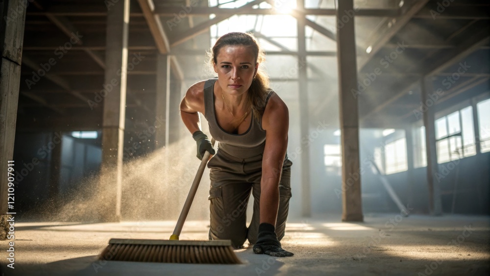 In a medium closeup a female worker uses a broom to sweep up sawdust on a concrete floor her sweatsoaked brow indicating the physical effort involved while sunlight filters through In a medium closeup a female worker uses a broom to sweep up sawdust on a concrete floor her sweatsoaked brow indicating the physical effort involved while sunlight filters through