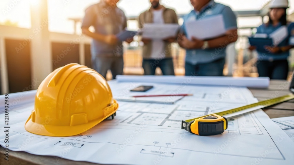 Medium closeup of a construction blueprint spread on a table with a hard hat and measuring tape beside it as workers deliberate over design details capturing the planning phase Medium closeup of a construction blueprint spread on a table with a hard hat and measuring tape beside it as workers deliberate over design details capturing the planning phase