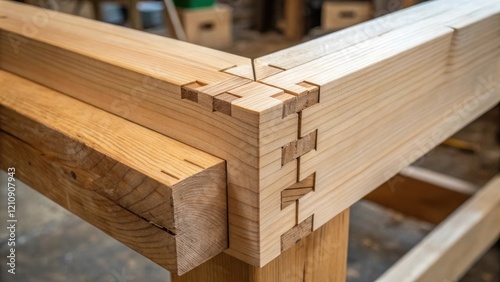 Joinery Details A medium closeup capturing a handcrafted dovetail joint between two massive timber pieces. The precision of the connection emphasizes the craftsmanship and