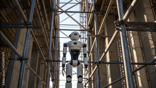 Medium closeup capturing the robot in action ascending a tall scaffolding structure under natural light. The scene emphasizes the contrast between the smooth surface of the robot