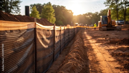 Medium closeup of a construction site with a barrier of silt fencing around a disturbed area capturing sunlight filtering through the fence while demonstrating erosion control