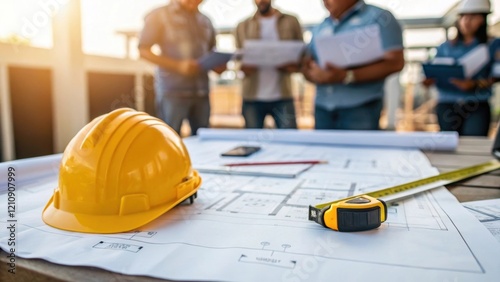 Medium closeup of a construction blueprint spread on a table with a hard hat and measuring tape beside it as workers deliberate over design details capturing the planning phase