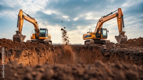 Medium closeup of excavators digging into the earth with clumps of soil breaking apart and flying as they unearth layers the timelapse revealing the transformation of the landscape