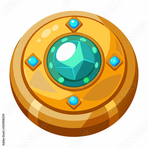 Colorful golden shield with a large gem for fantasy game use or decoration in artwork