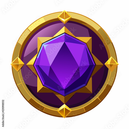 Colorful shield design featuring a large purple gem and gold accents with a regal aesthetic and sharp edges