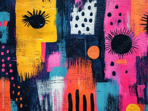Colorful abstract mural featuring bold shapes and vibrant patterns.