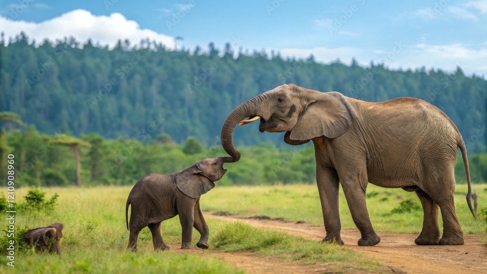 Obraz premium Joyful encounter of an elephant and her calf in a lush landscape nature photography heartwarming moment
