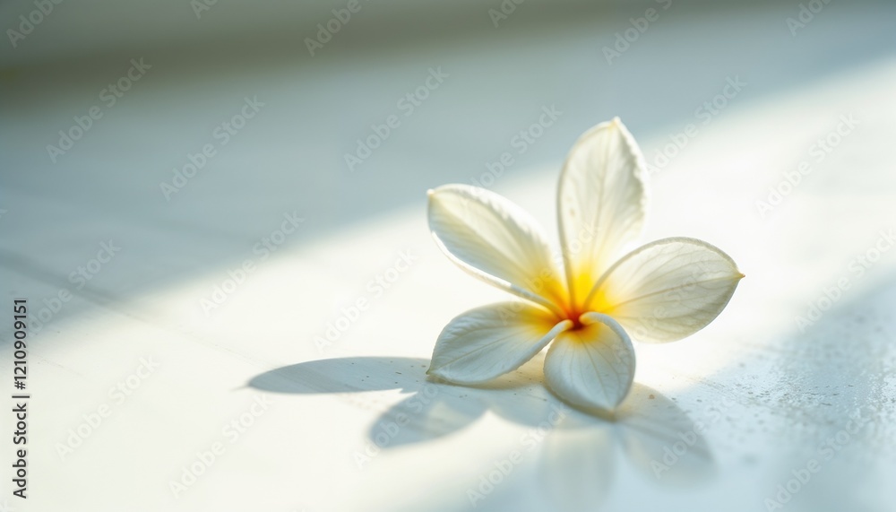 Serene White Plumeria Flower with Yellow Center in Soft Natural Light with Copy Space Serene White Plumeria Flower with Yellow Center in Soft Natural Light with Copy Space