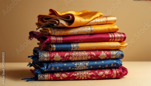 Stack of Luxurious Traditional Saris in Jewel Tones with Gold Embellishments