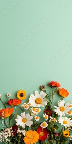 Cheerful floral arrangement with colorful daisies and poppies on a soft green background wallpaper
