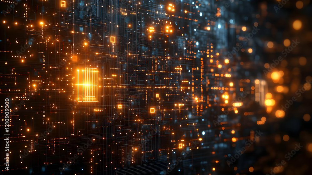 Fototapeta premium Abstract digital network background with glowing orange and blue lines, futuristic technology concept