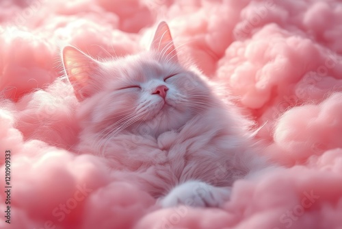 dreaming cat in surreal floating cloud bedroom soft pastel colors ethereal lighting whimsical atmosphere