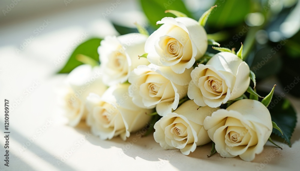 Delicate White Roses in Soft Natural Light with Blurred Background with Copy Space Delicate White Roses in Soft Natural Light with Blurred Background with Copy Space