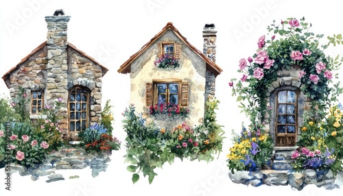 Watercolor paintings rustic stone cottages with lush flower gardens and climbing roses on the walls.