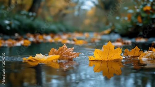 Autumn leaves drift on tranquil water surface in peaceful forest stream