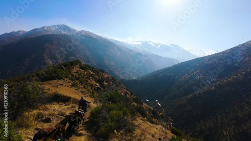 FPV Drone Perspective of Horses on a Mountain Trail at Sunrise