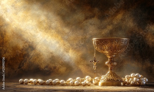 Holy Communion, gold chalice, crucifix, pearls, religious ceremony, faith, background, divine light, spiritual, stock photo