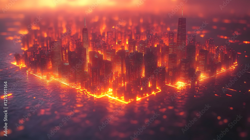 Obraz premium Fiery urban apocalypse: A city engulfed in flames during a catastrophic disaster