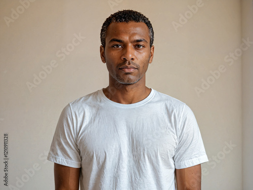 Retrato de un hombre afroamericano en el interior de una habitación vistiendo una camiseta blanca casual 