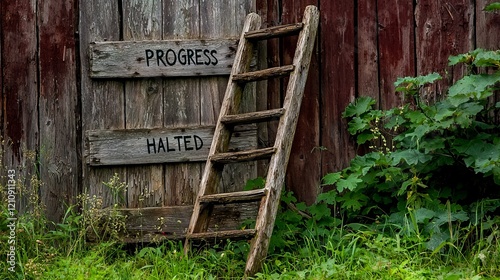 A rustic wooden ladder leaning against a weathered fence reading 'Progress Halted', evoking a sense of stagnation.