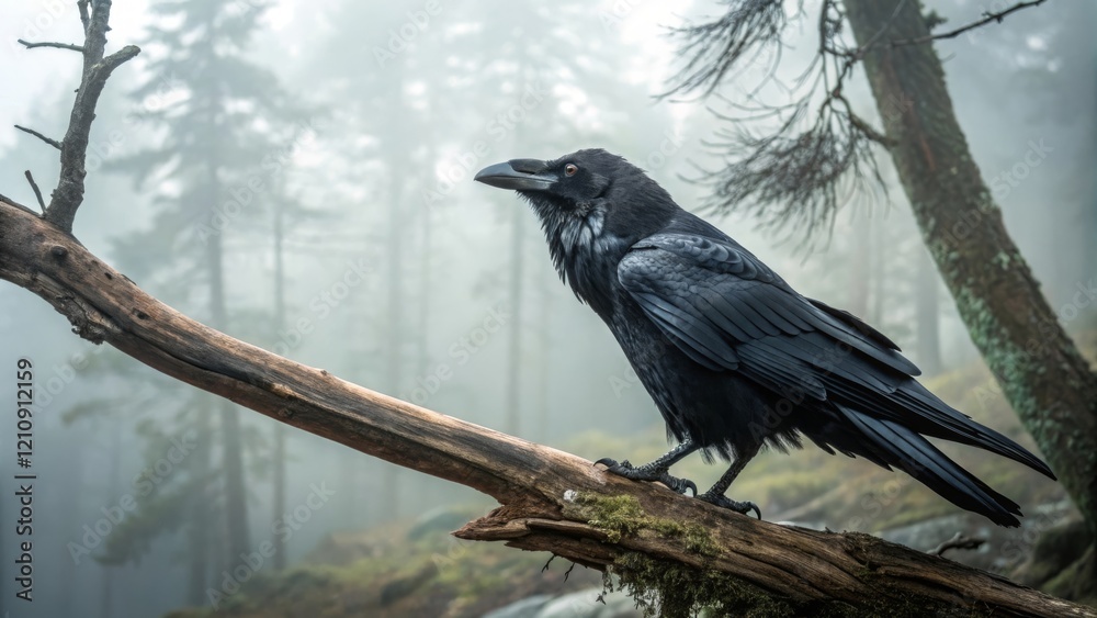 Fototapeta premium Mysterious raven observing nature foggy forest wildlife photography serene landscape close-up enigmatic presence