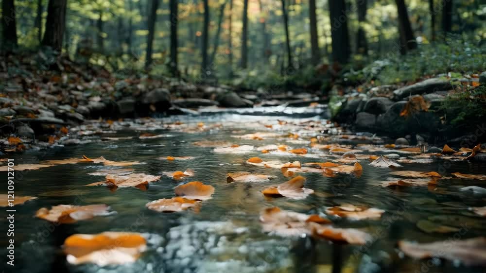 Autumn leaves gently flowing down a forest stream in tranquil woodland setting Autumn leaves gently flowing down a forest stream in tranquil woodland setting