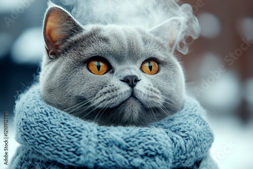 Social digital ads - animal care. Problem of animal suffering. Sad cute adult cat british shorthair in winter warm clothes, frosty breath from nose and mouth in cold atmosphere. Pet frost wrap. photo