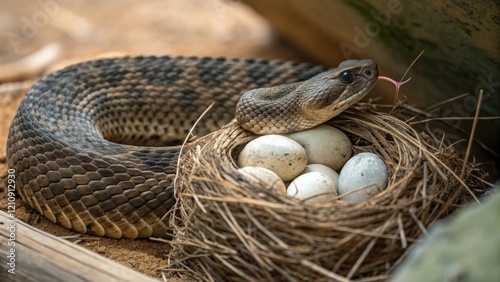 Snake incubating eggs in natural habitat wildlife photography serene environment close-up perspective