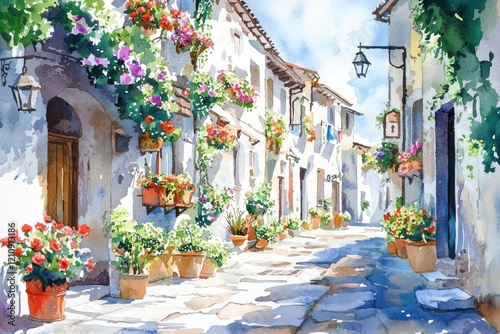 Watercolor illustrations quaint village streets lined with flower boxes and ivy-covered walls.