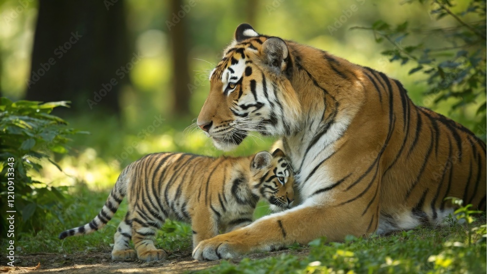 Tiger mother nurturing cub in lush green forest wildlife photography natural habitat close-up maternal instincts Tiger mother nurturing cub in lush green forest wildlife photography natural habitat close-up maternal instincts