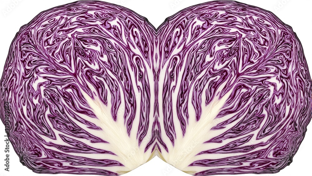 Obraz premium Intricate halved red cabbage with swirling purple and white veins