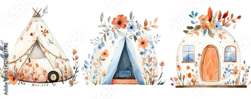 Watercolor illustrations bohemian tents and caravans adorned with floral patterns and natural elements.
