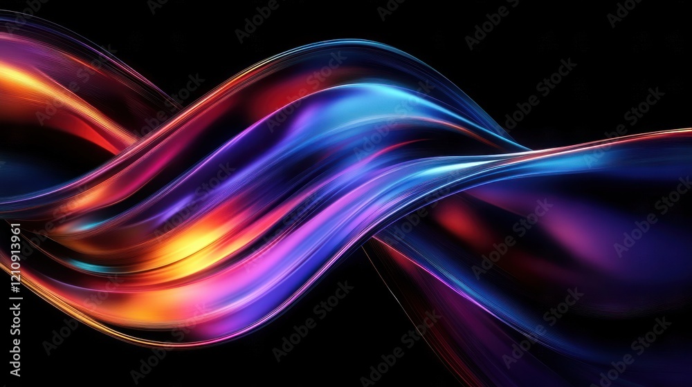 Naklejka premium Futuristic Abstract Design with Iridescent Metallic Shapes and Rainbow Glow on Black Background