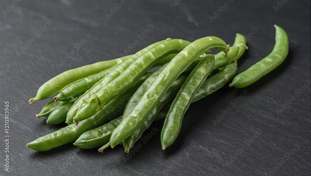 Fresh green beans on dark slate surface smooth and slender with subtle pale green streaks Fresh green beans on dark slate surface smooth and slender with subtle pale green streaks
