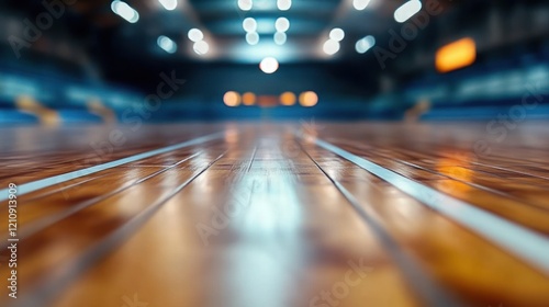 Blurred Futsal Arena Indoor Court with Polished Wooden Floor and Dramatic Lighting