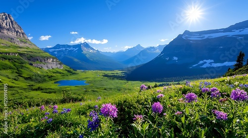 Wallpaper Mural Majestic Mountain Valley with Wildflowers in Bloom under a Bright Sunny Sky Torontodigital.ca