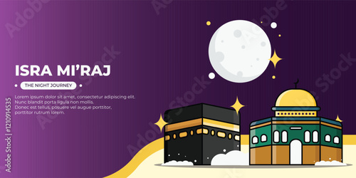 isra miraj vector with kaaba and al aqsa mosque concept. vector illustration. night journey. can be used for banner, background, and poster