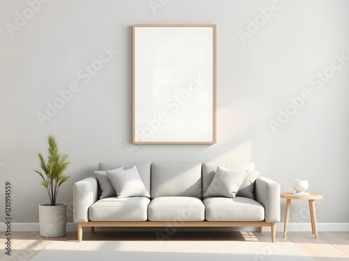 3D Simple Living Room Design Mockup – Close-Up of ISO A Paper Frame Above Sofa